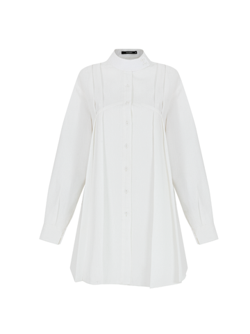 White Pleated Linen-Blend A-Line Dress