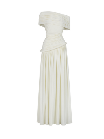Ivory Off-Shoulder Draped Maxi Dress