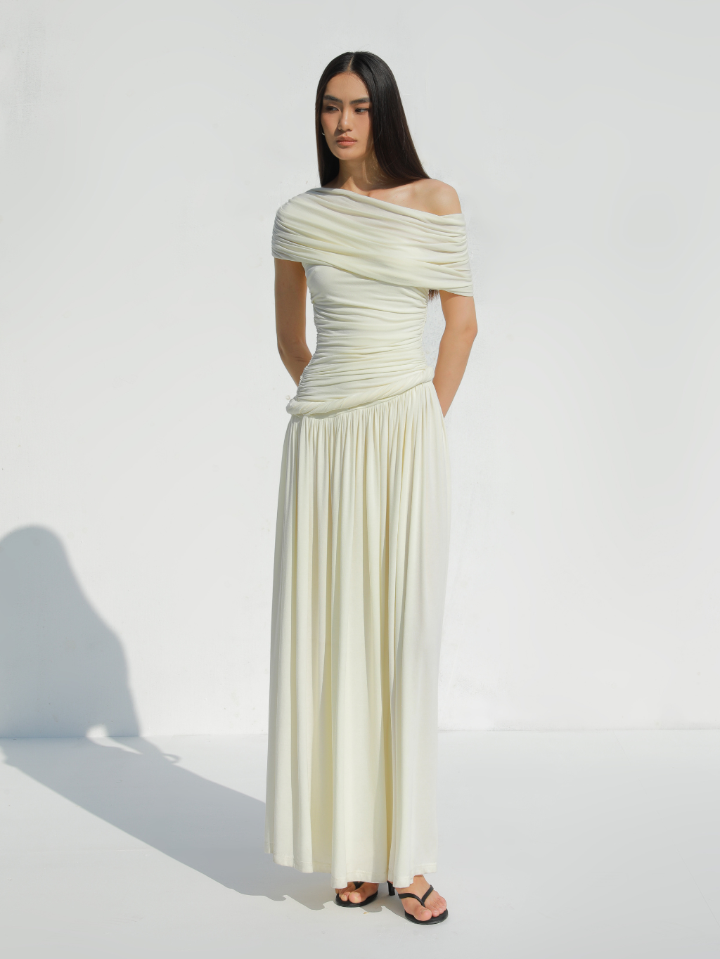 Ivory Off-Shoulder Draped Maxi Dress