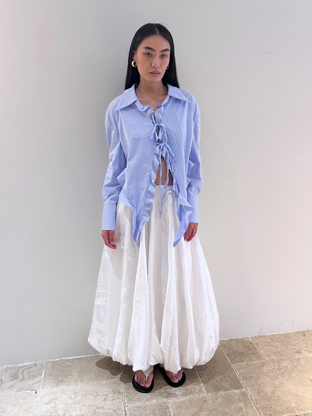 [PRE-ORDER ]Blue Striped Shirt With Ruffle Details