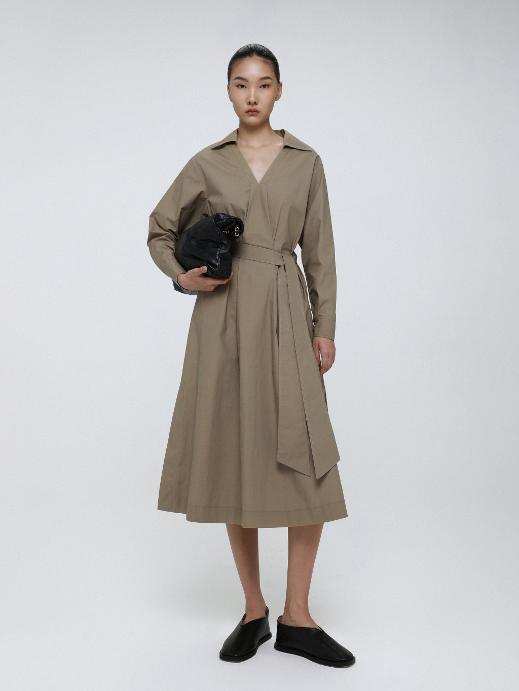 Tan Cotton Belted Midi Dress