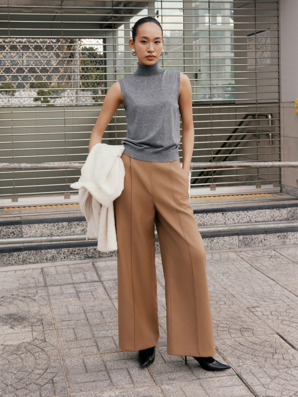 Grey High Neck Knit Top