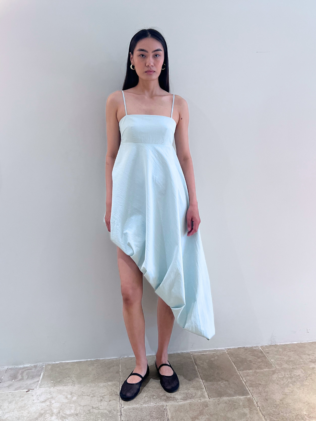 Pastel Blue Two-Strap Dress with Asymmetric Drape