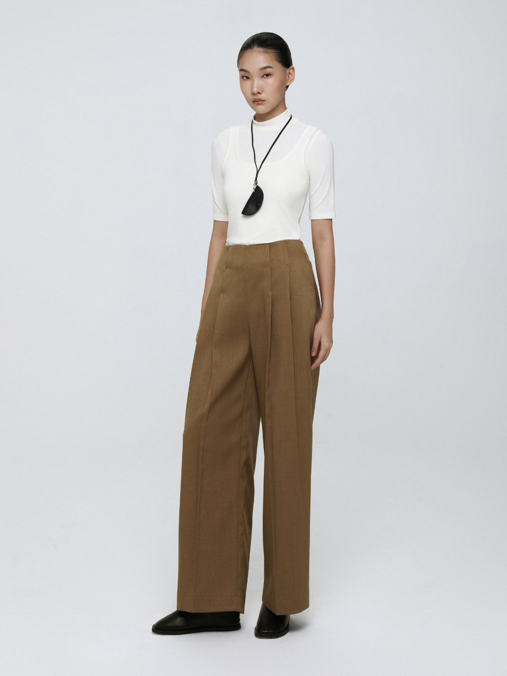 Khaki Tailored Wide-Leg Pants