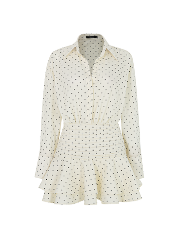 Polka Dot Silk Shirt Dress with Pleated Waist