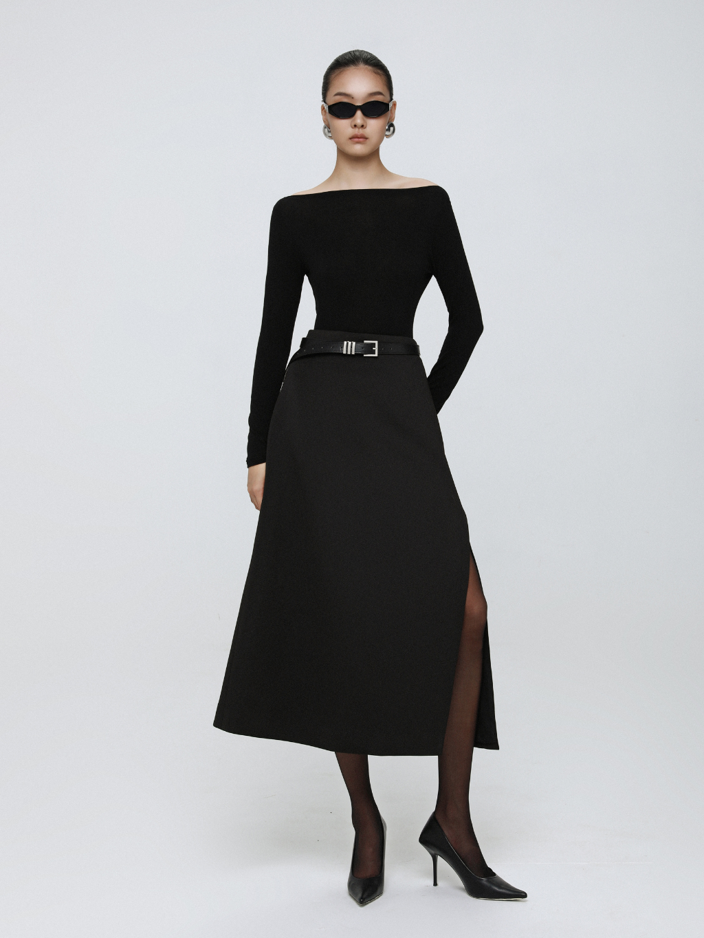Black Long-Sleeve Boat Neck Top