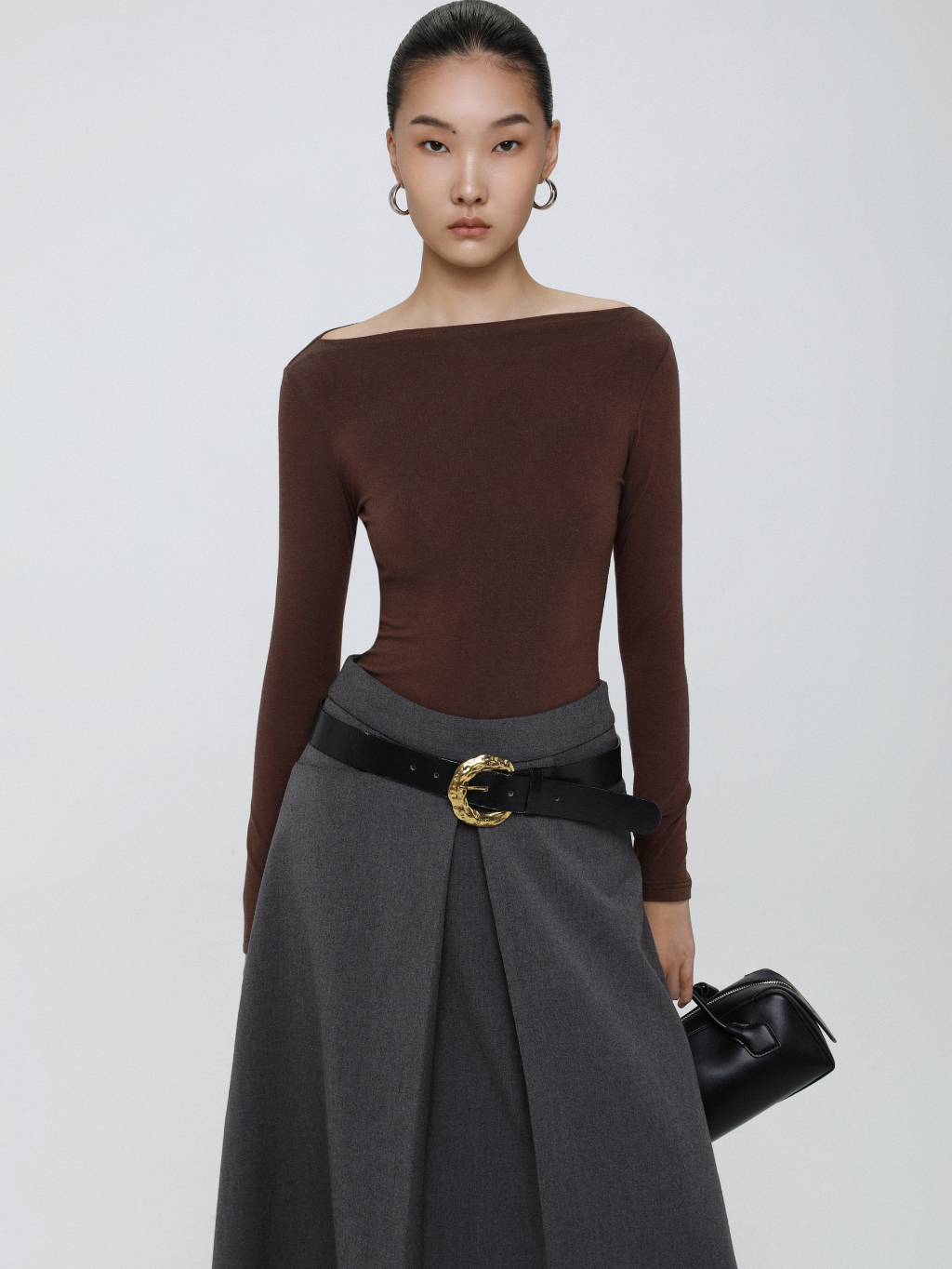 Brown Long-Sleeve Boat Neck Top