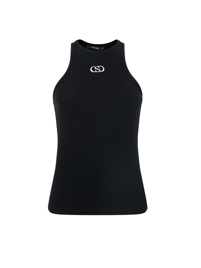Black Embroidered Coco Sin Ribbed Tank Top