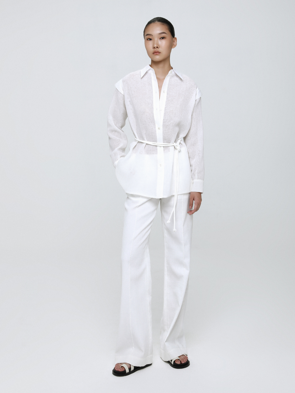 White Linen Blended Sheer Belted Shirt