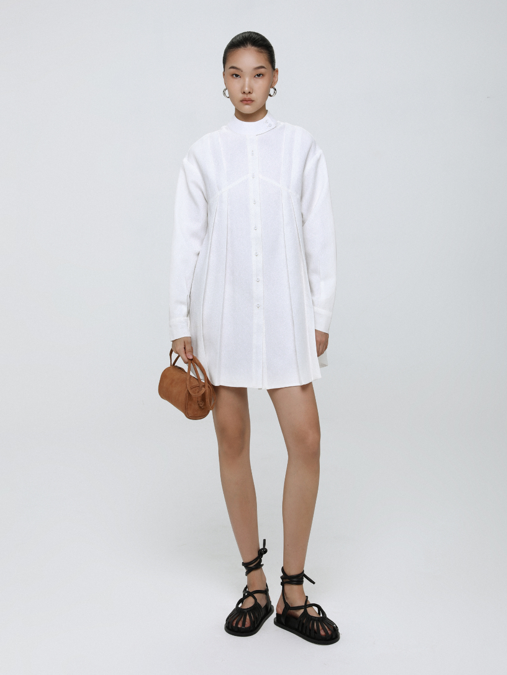 White Pleated Linen-Blend A-Line Dress