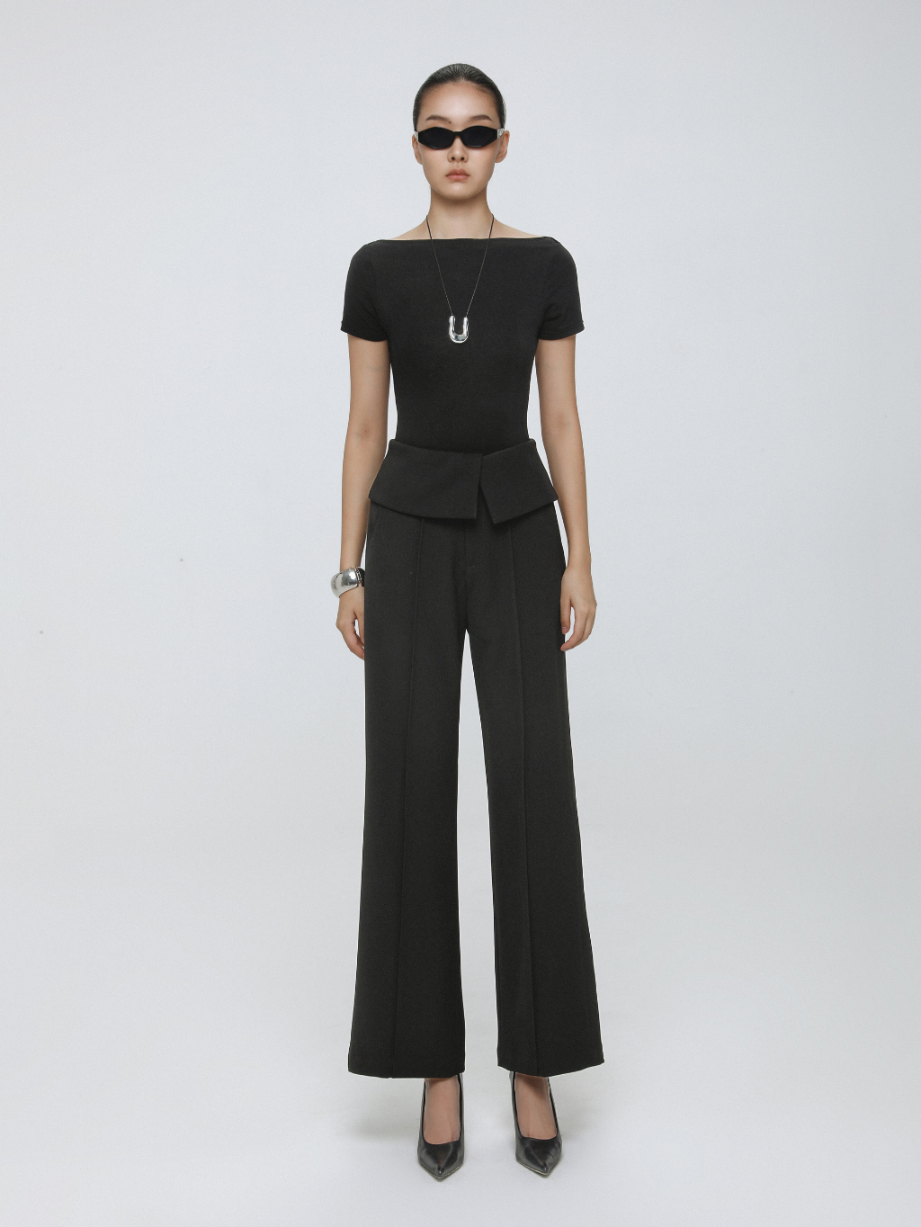 Black Wide-Leg Pants with Folded Waist