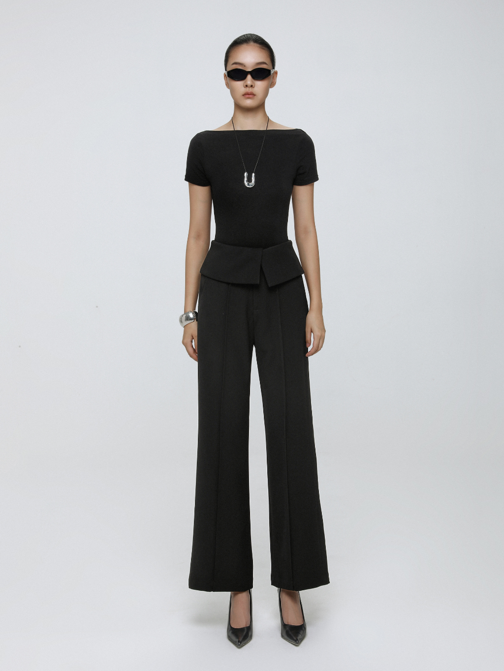 Black Fitted Boat Neck Top
