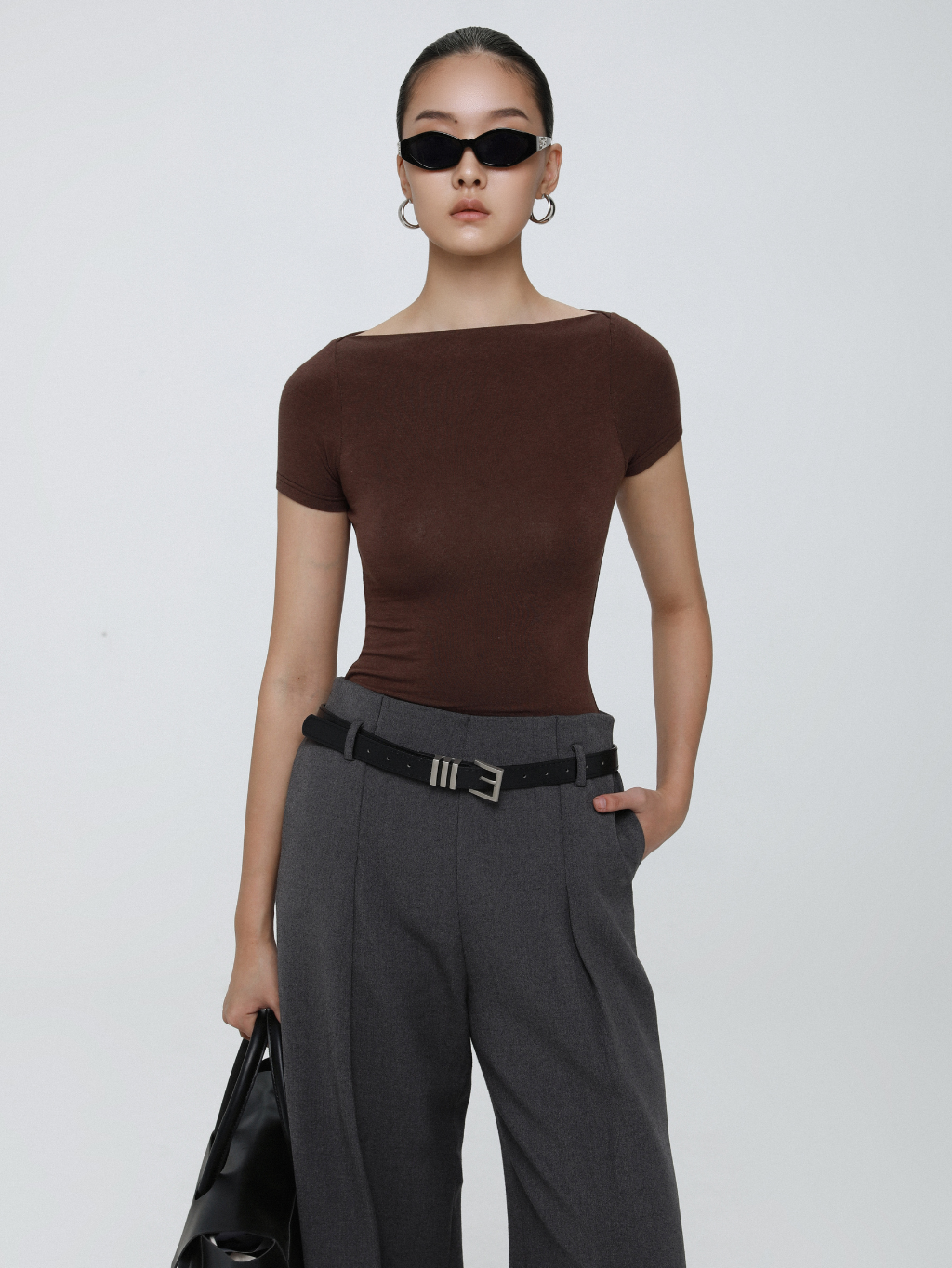 Brown Fitted Boat Neck Top