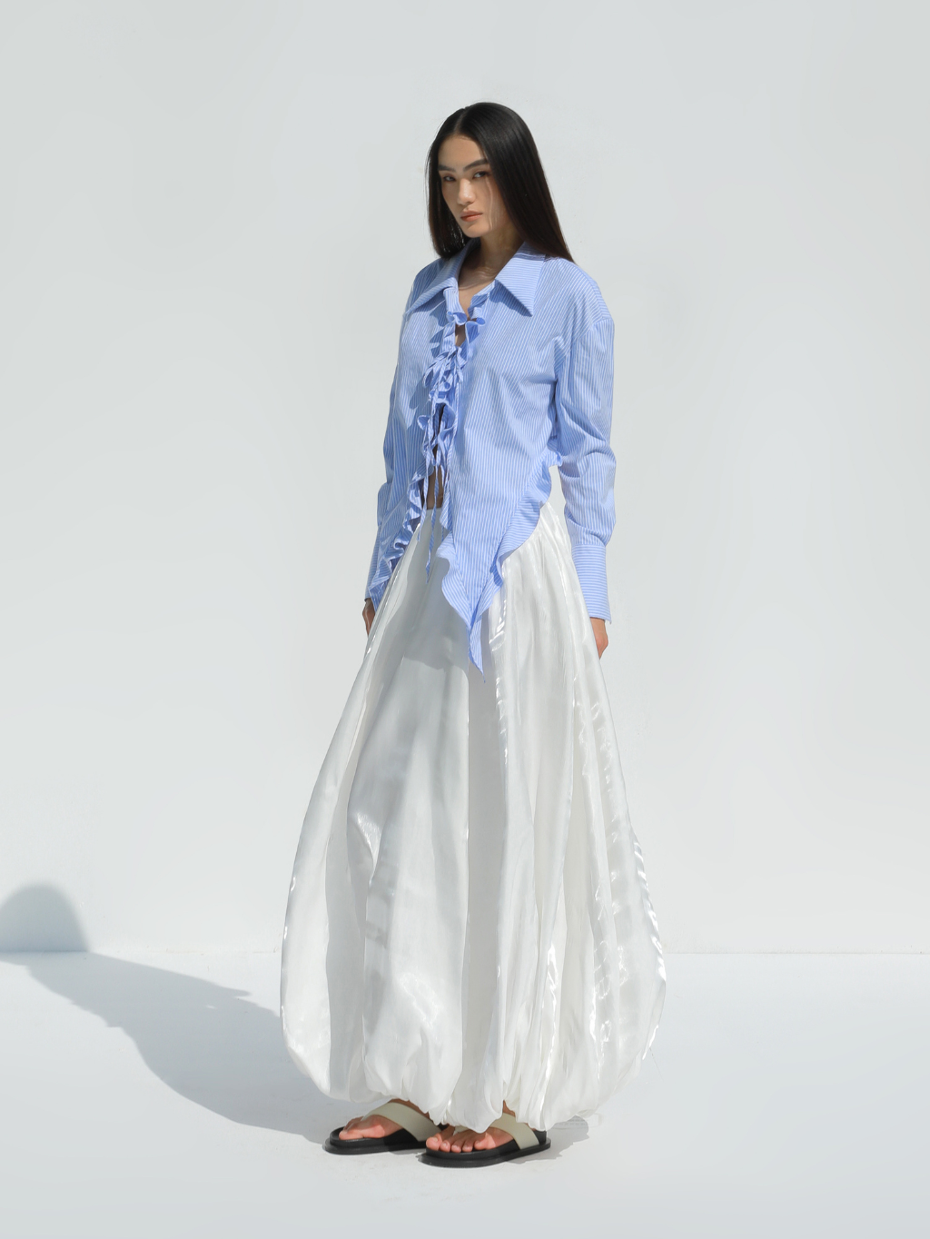 Blue Striped Shirt With Ruffle Details