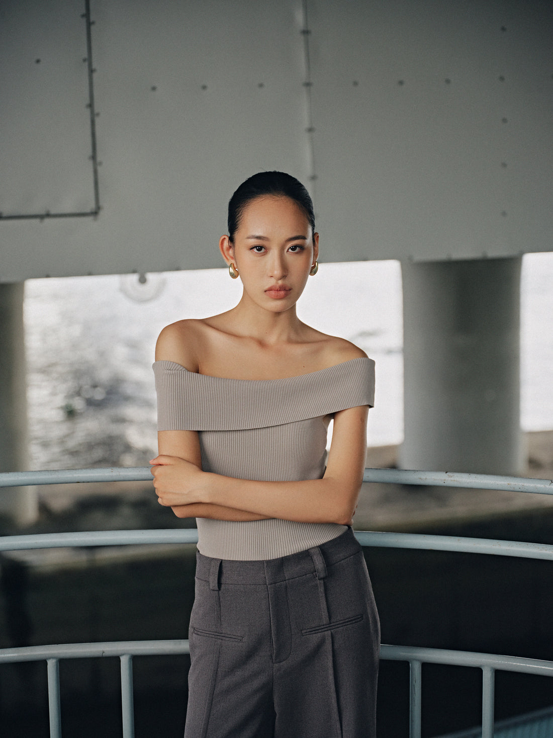Grey Knit Off Shoulder Top