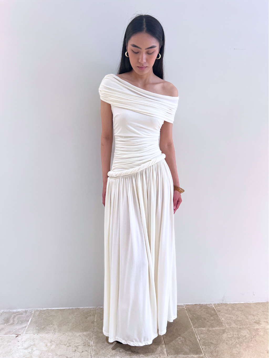Ivory Off-Shoulder Draped Maxi Dress